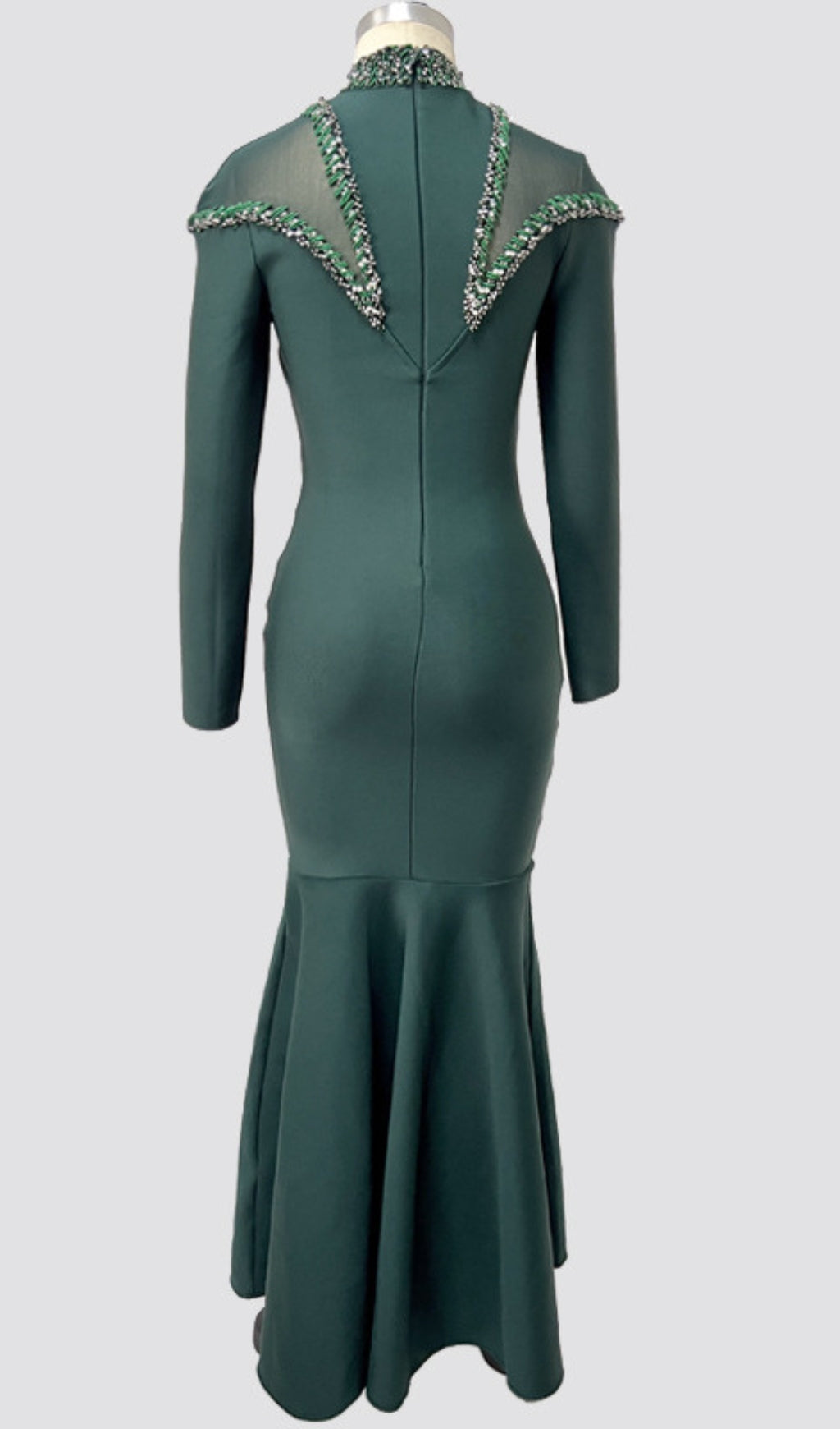 Mock Neck Beaded Mermaid Maxi Dress in Dark Green