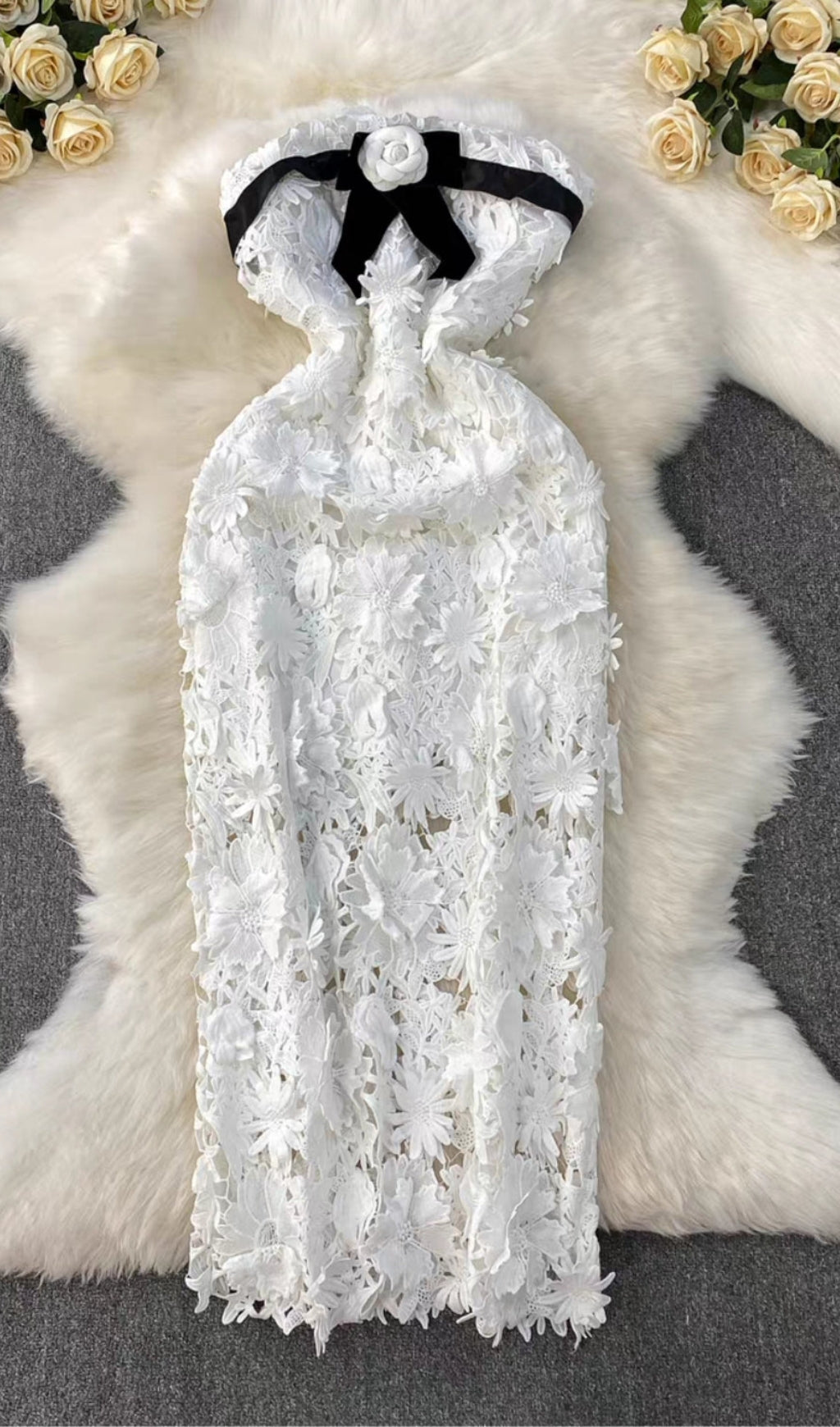 Strapless Flower Embroidery Maxi Dress In White
