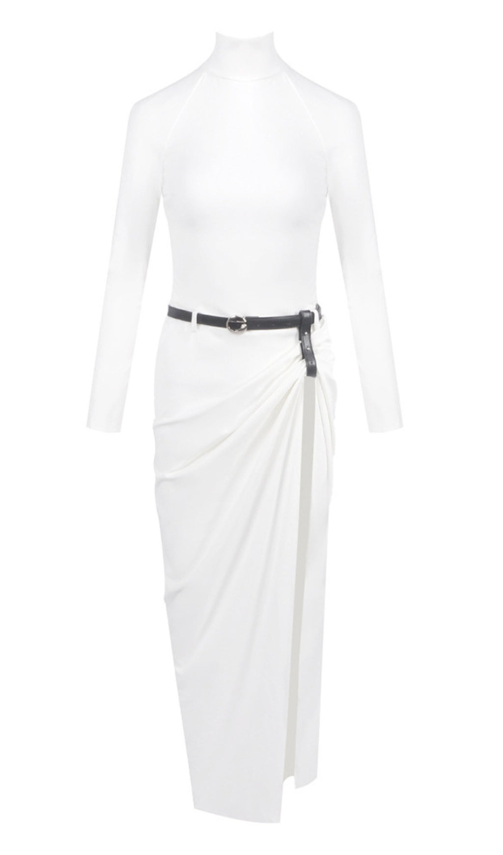 Turtleneck Belted Draped Slit Maxi Dress in White