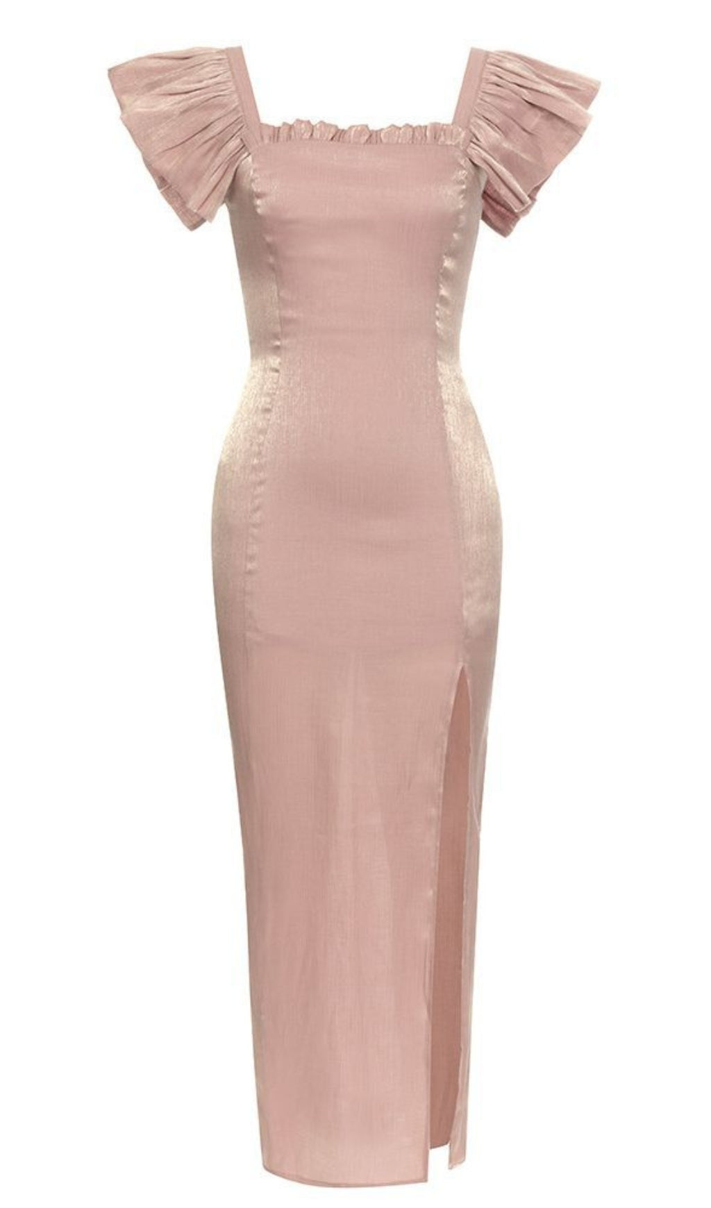 Ruffled Square - Neck Slit Midi Dress in Light Pink