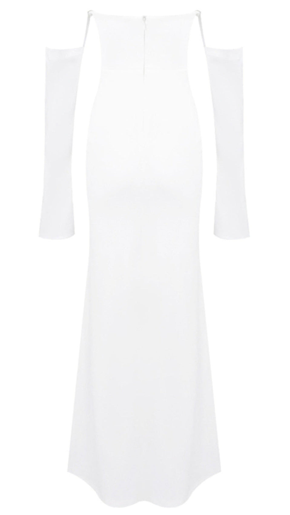 Elegant White Strapless Maxi Dress with Draped Long Sleeves | Chic Evening Gown