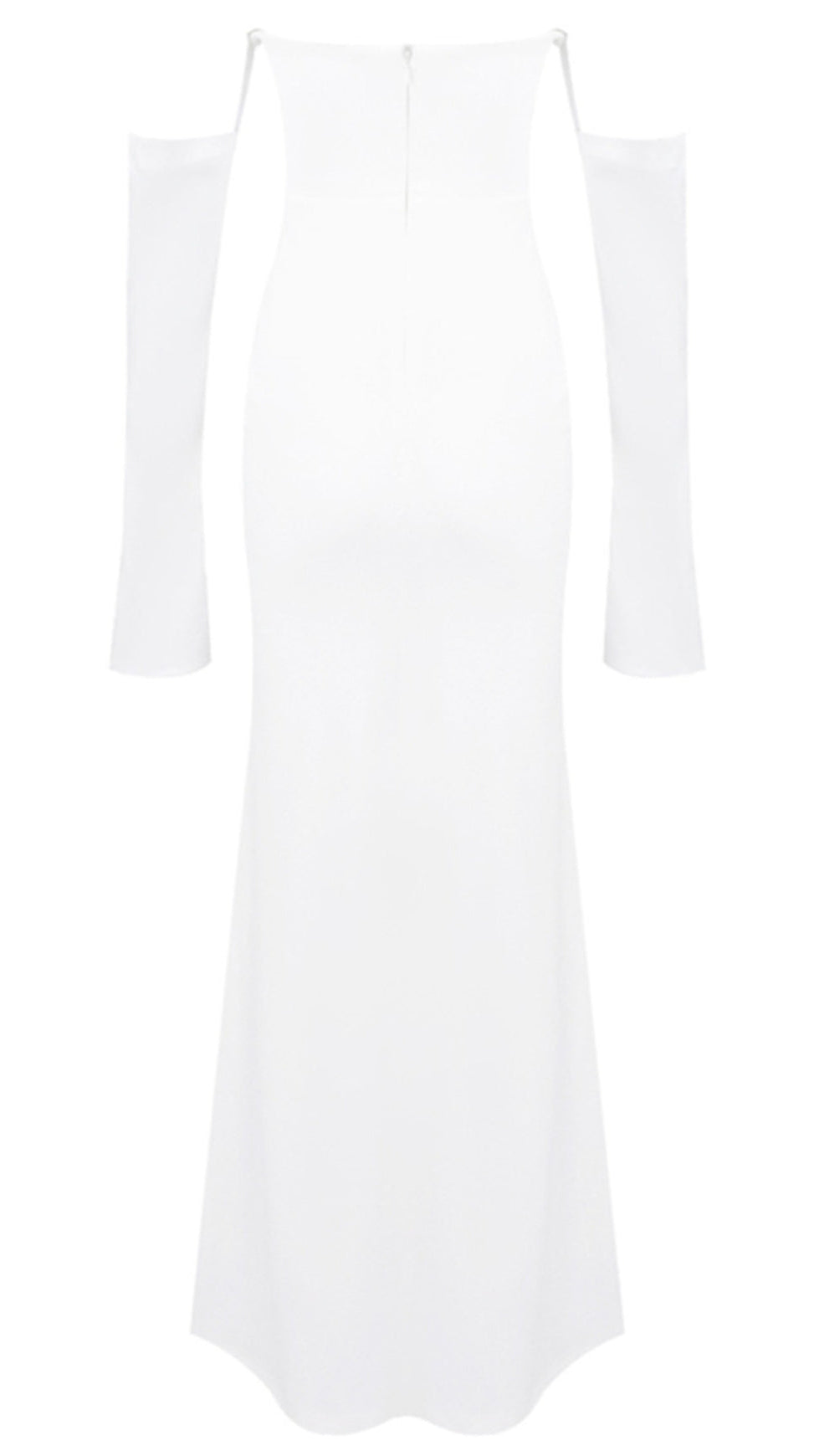 Elegant White Strapless Maxi Dress with Draped Long Sleeves | Chic Evening Gown