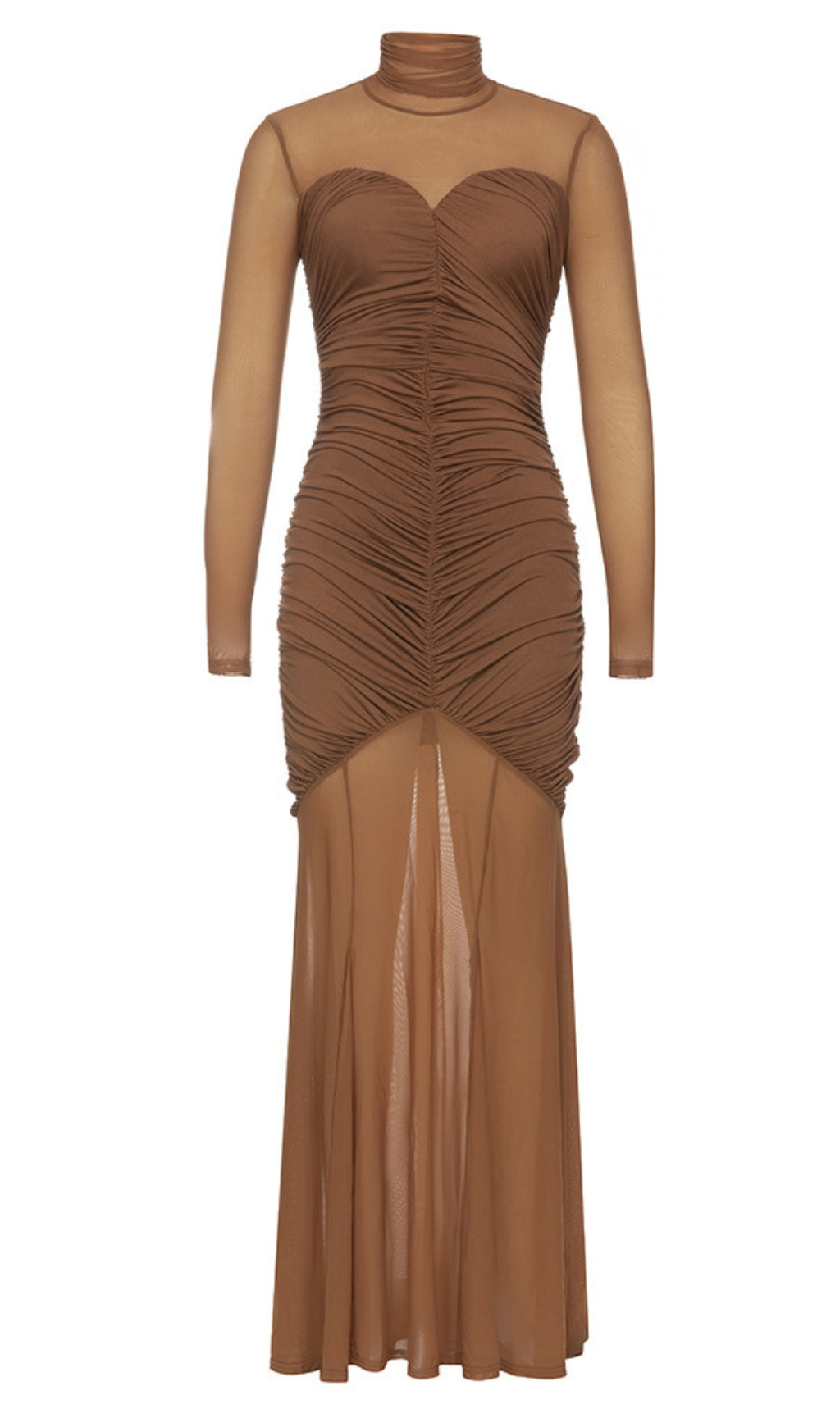 Mesh - Sleeve Ruched High - Neck Maxi Dress in Brown