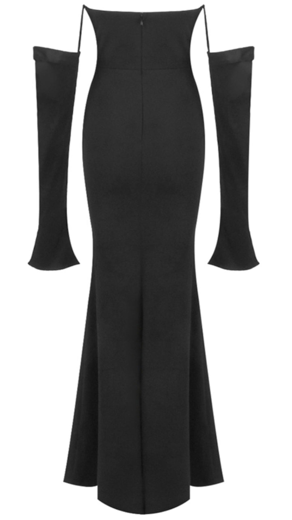 Chic Black Draped Maxi Dress with Strapless Neckline & Long Off-Shoulder Sleeves