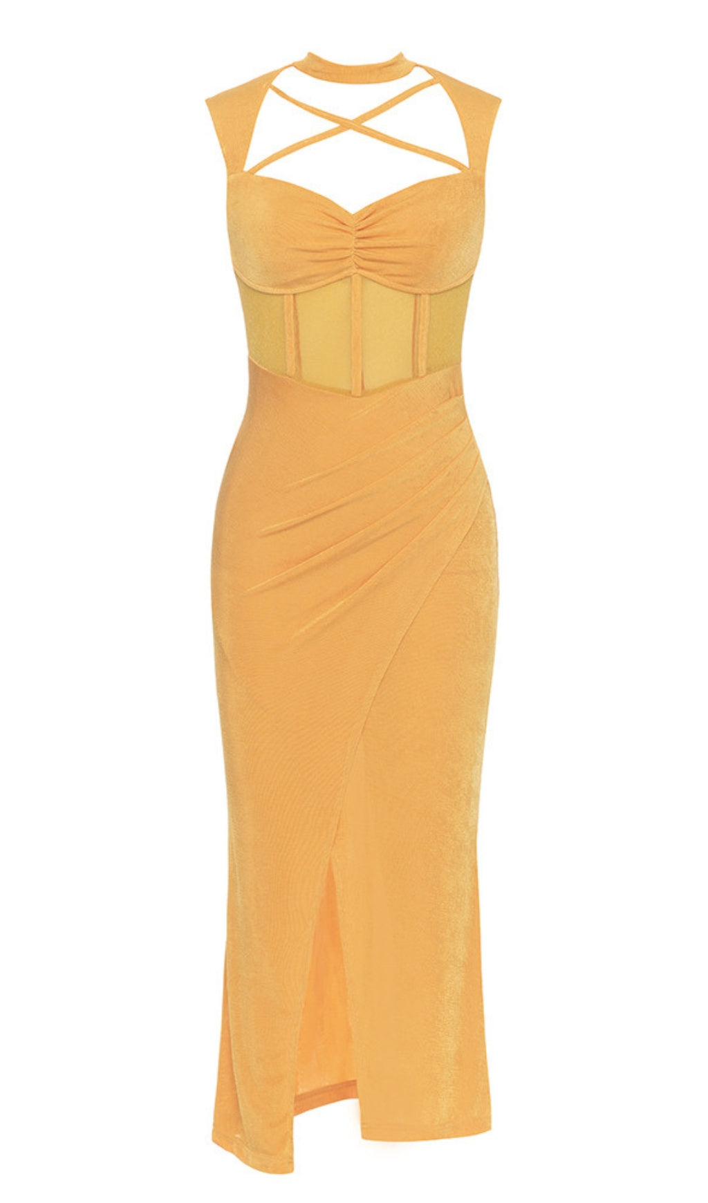 Cutout Ruched Mesh - Insert Midi Dress in Orange