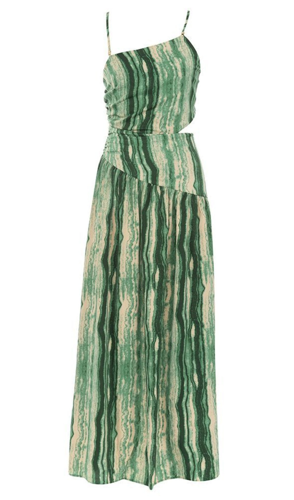 Striped Cutout One - Shoulder Midi Dress in Green