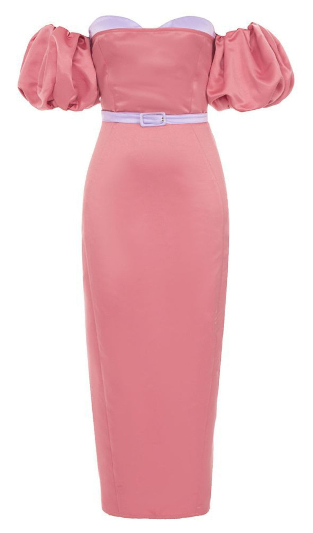 Off - Shoulder Puff - Sleeve Belted Midi Dress in Pink
