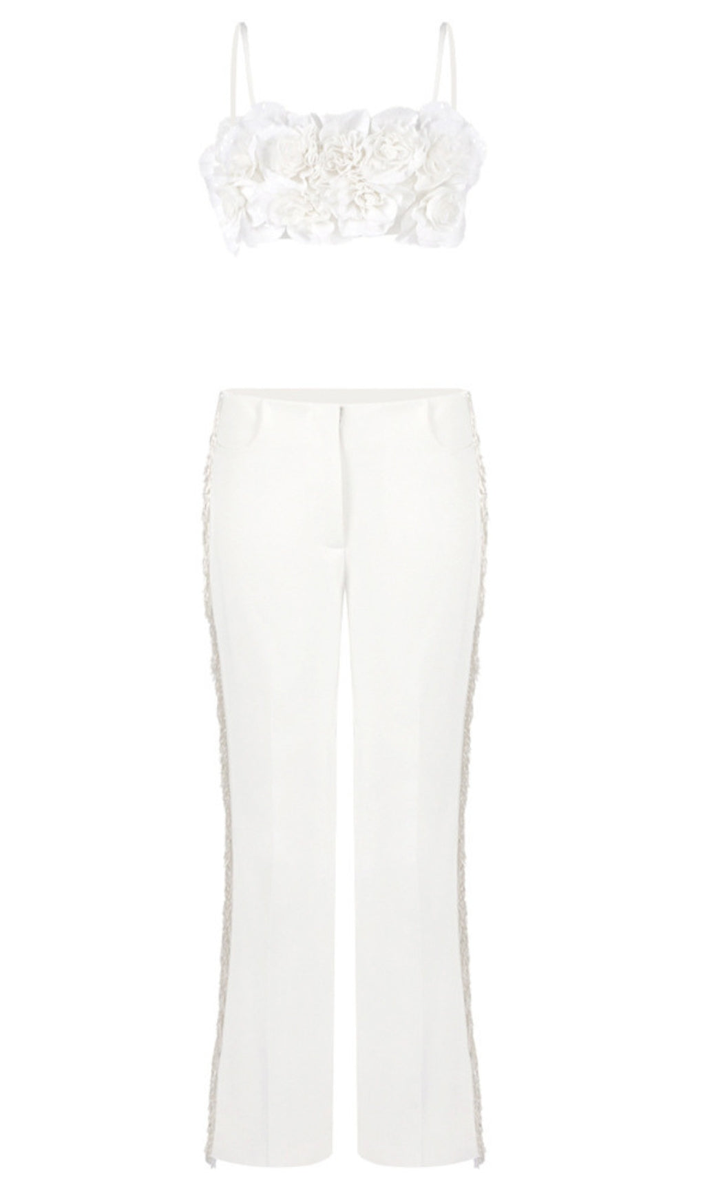 Floral Crop Top Fringe Trimmed Pants Set in White