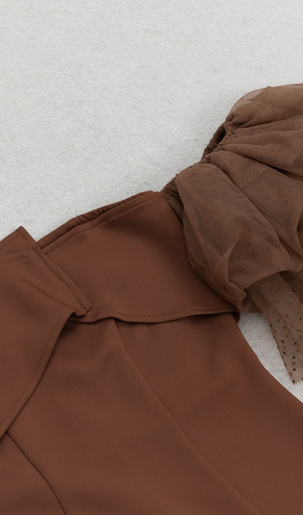 Off - Shoulder Tulle - Sleeve Midi Dress in Brown