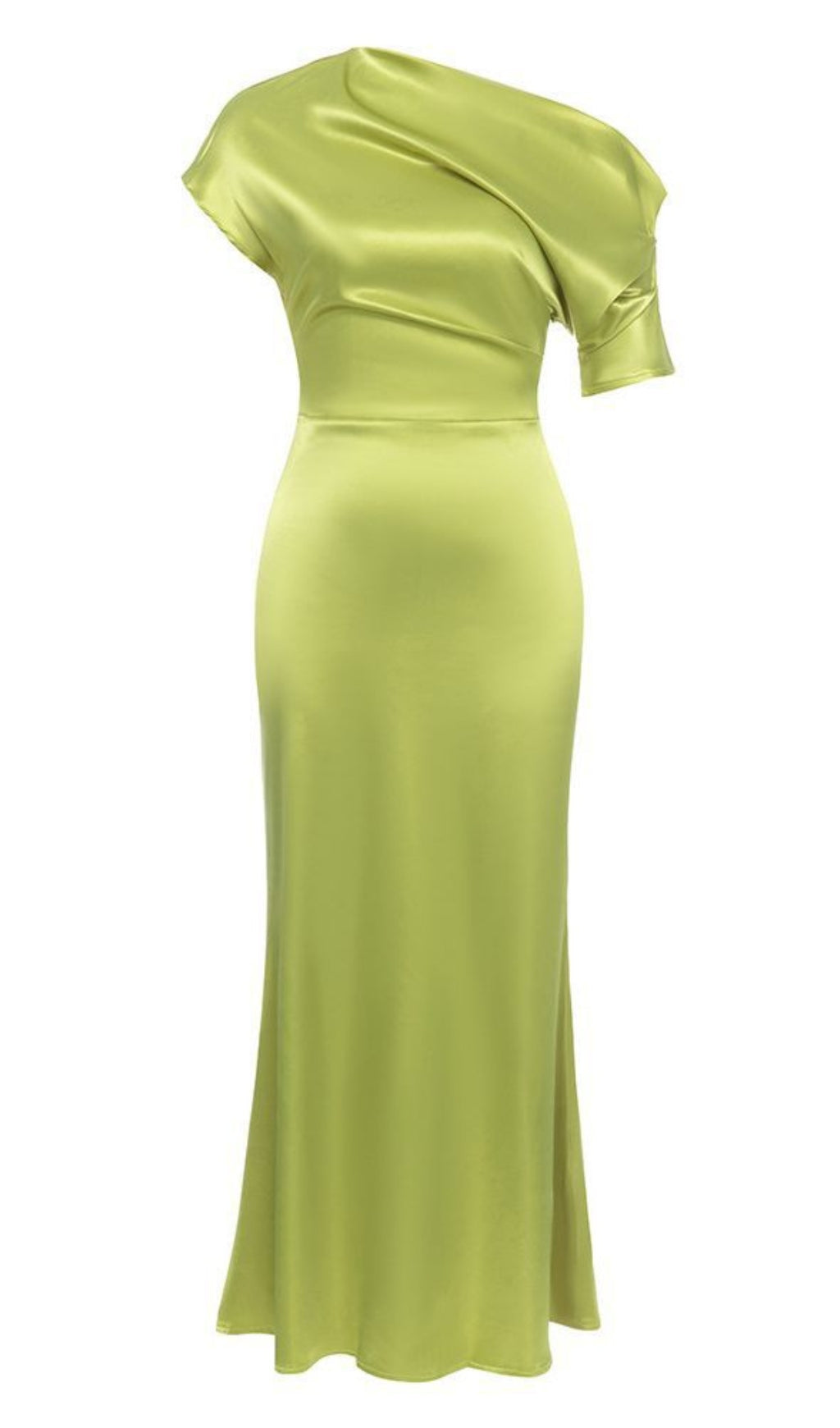 Satin One - Shoulder Midi Dress in Lime Green