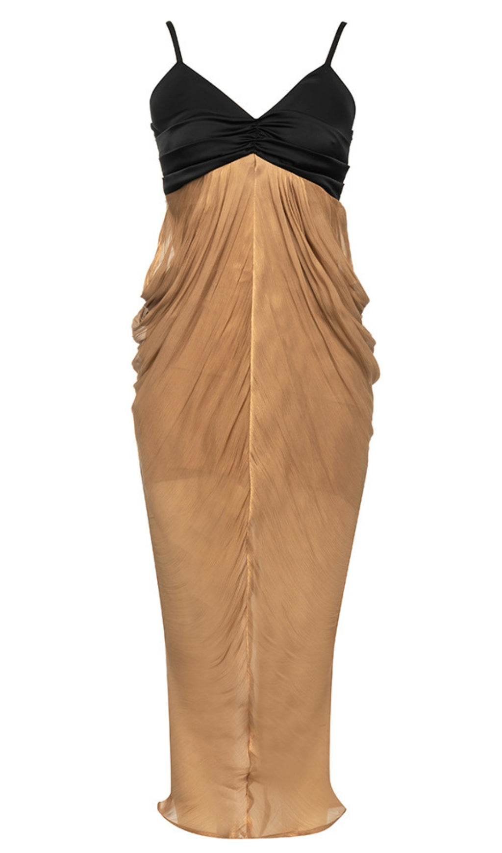 Ruched Chiffon Midi Dress in Black And Gold