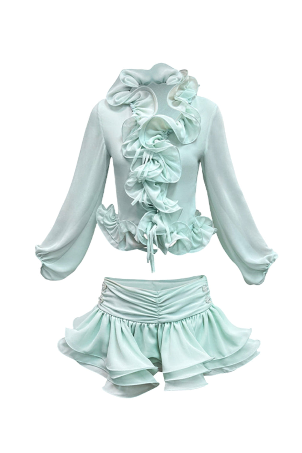 flounced chiffon blouse & skirt matching set in mint