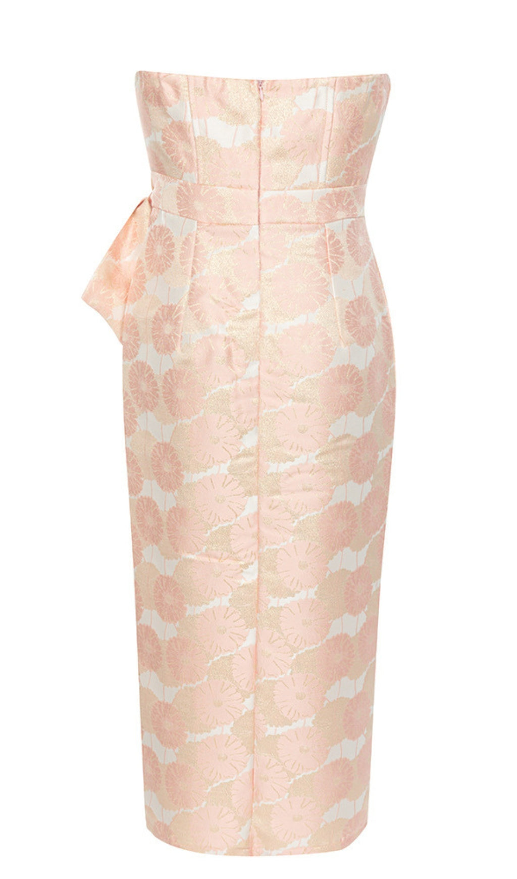 Floral Jacquard Bow - Belted Midi Dress in Light Pink