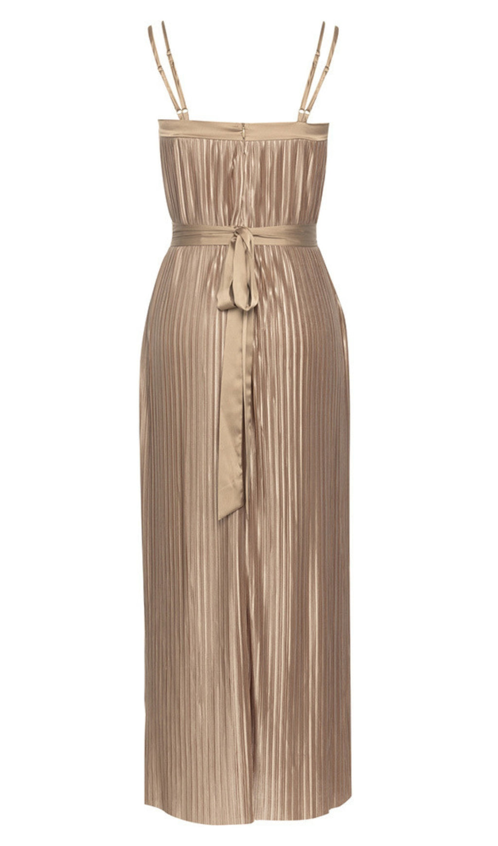 Strapless Pleated Belted Maxi Dress in Champagne
