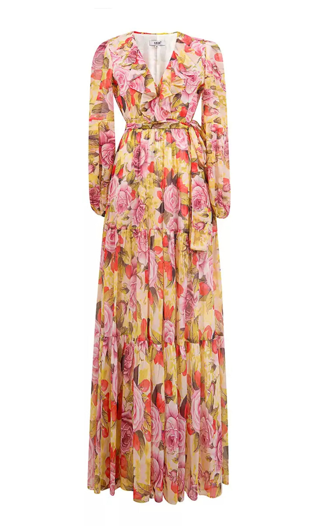 Colorful Floral Long Sleeve Maxi Dress with Belt
