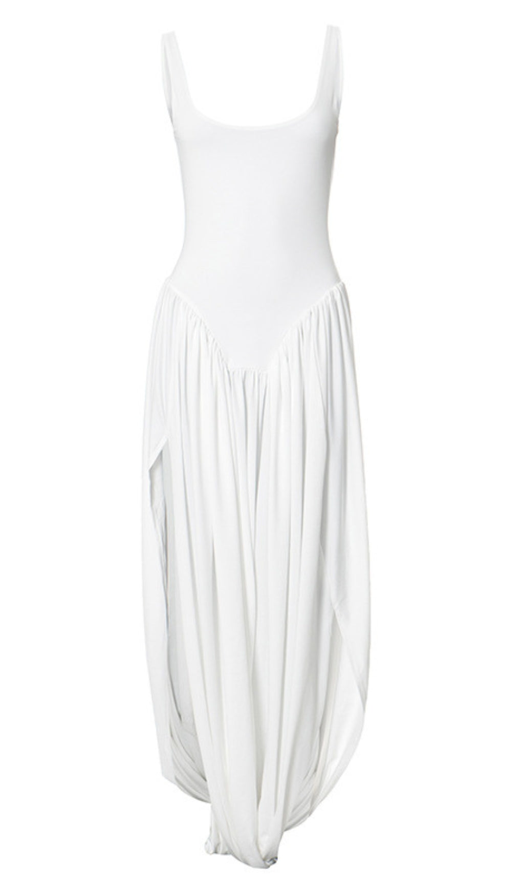 Square Neck Ruched Asymmetric Maxi Dress in White