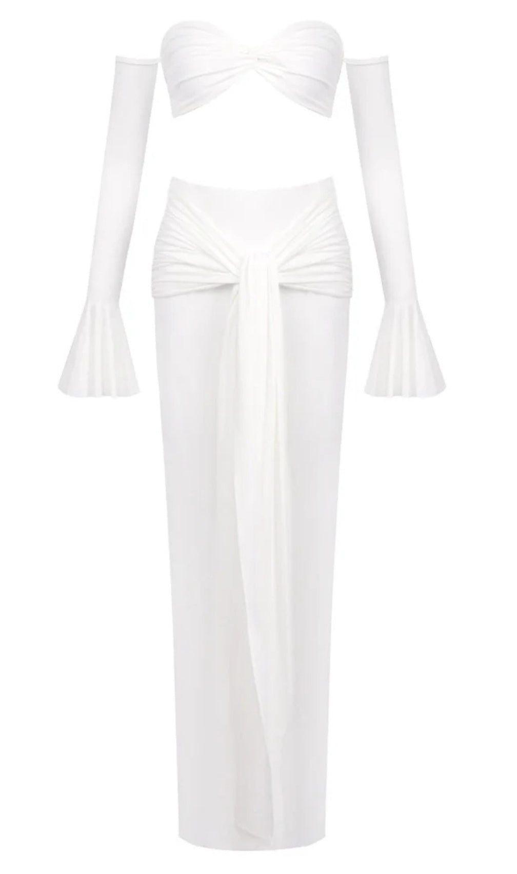 Elegant White Off-Shoulder Bustier Crop Top & Knot Front Maxi Skirt Two-Piece Set