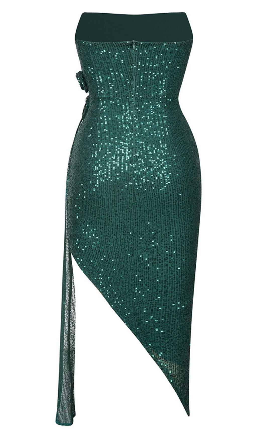 Sequin Flower - Embellished Asymmetric Dress in Emerald Green