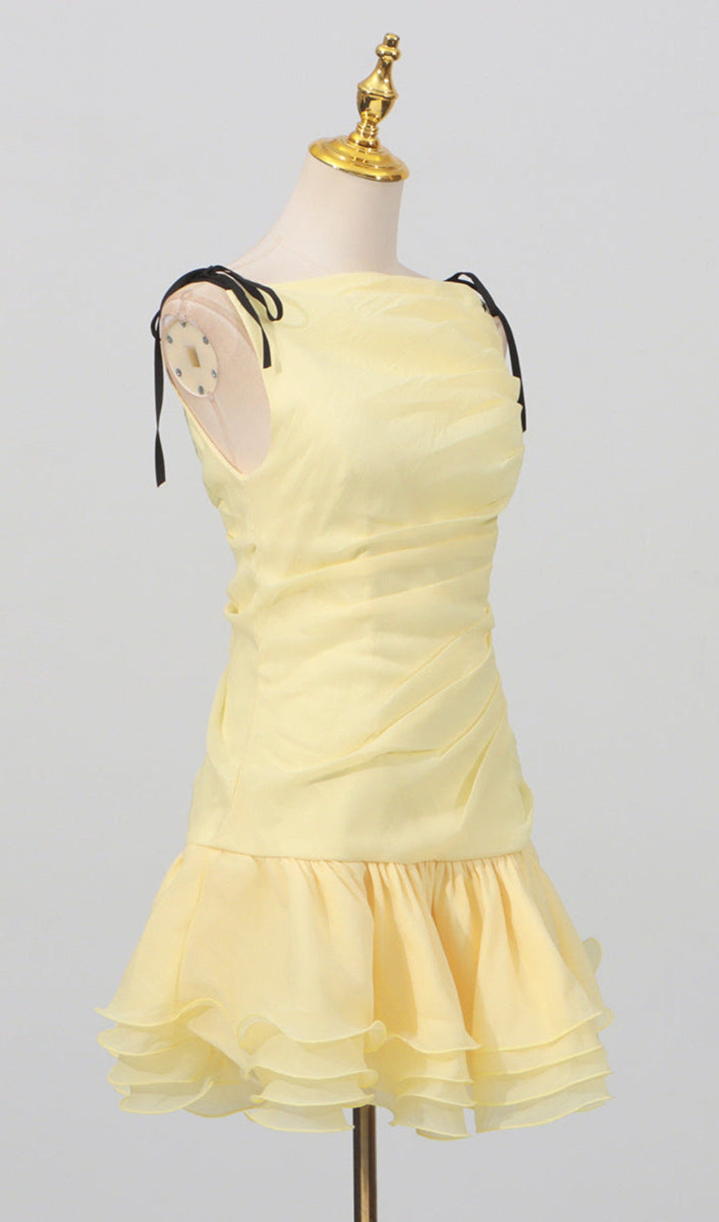 ruched ruffle hem sleeveless mini dress in yellow