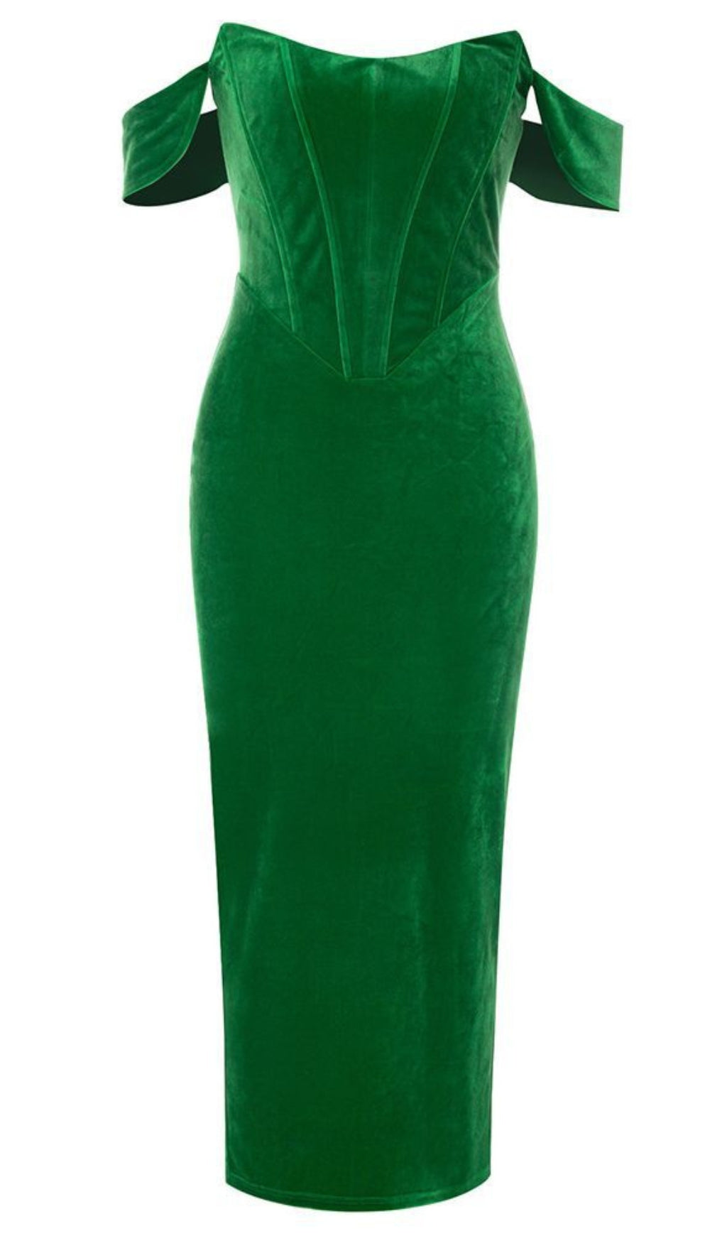 Velvet Off - Shoulder Corset Midi Dress in Green