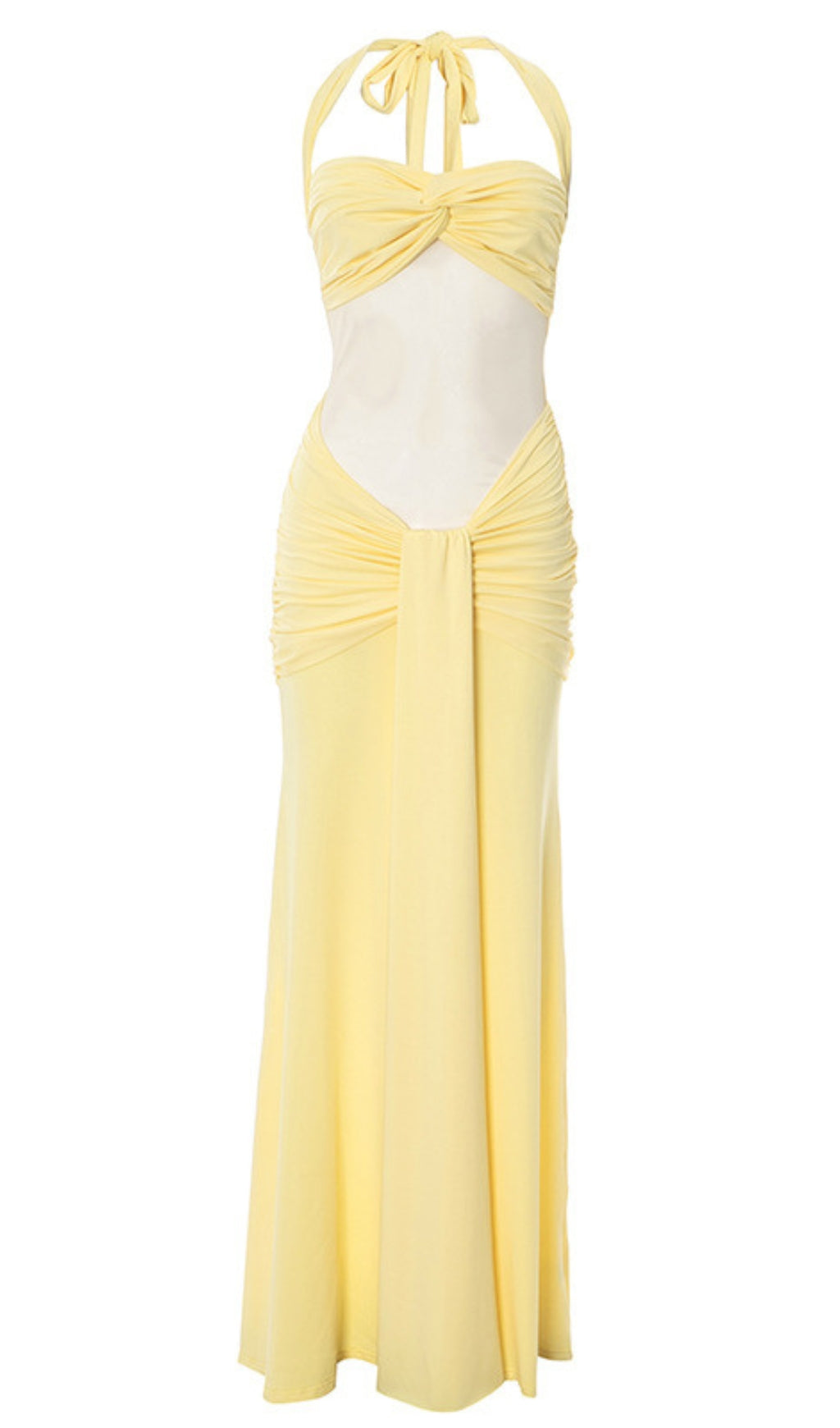 Halter Neck Twist Cutout Ruched Maxi Dress in Yellow
