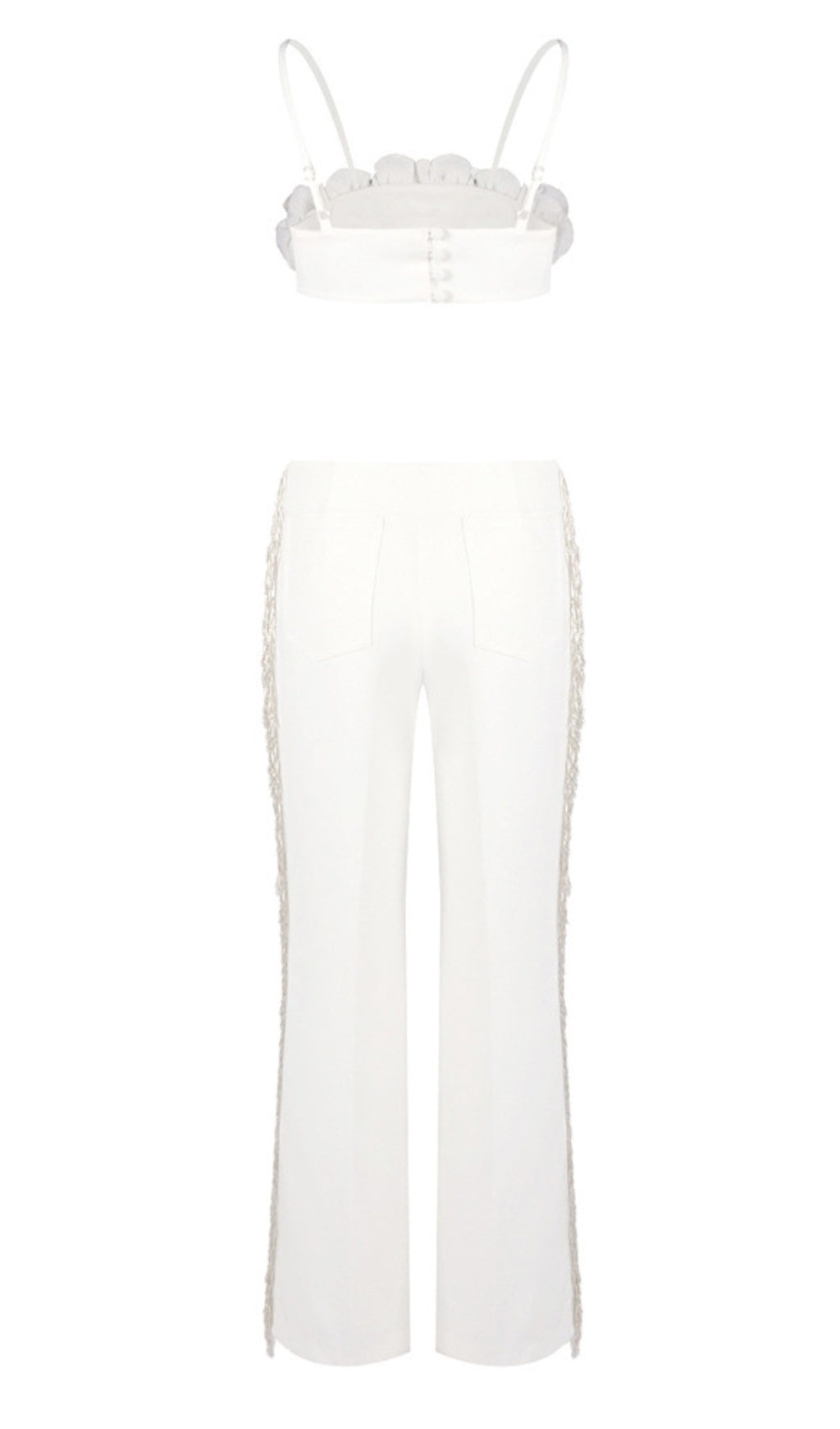 Floral Crop Top Fringe Trimmed Pants Set in White