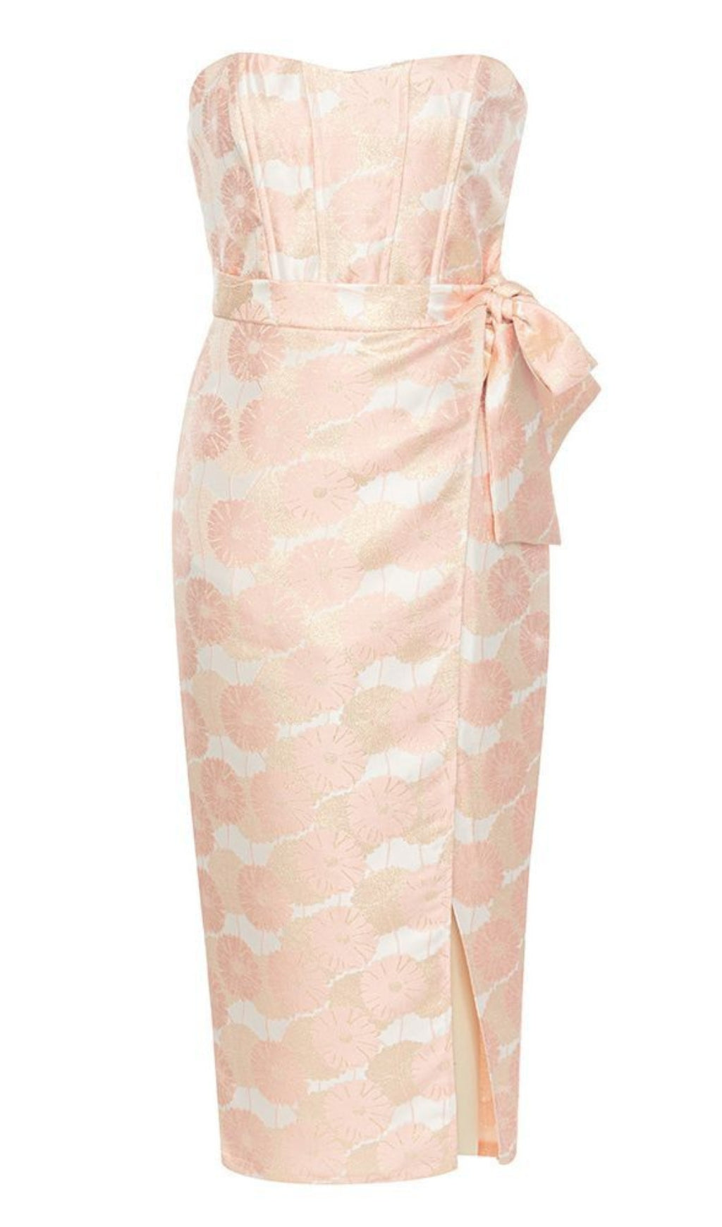 Floral Jacquard Bow - Belted Midi Dress in Light Pink
