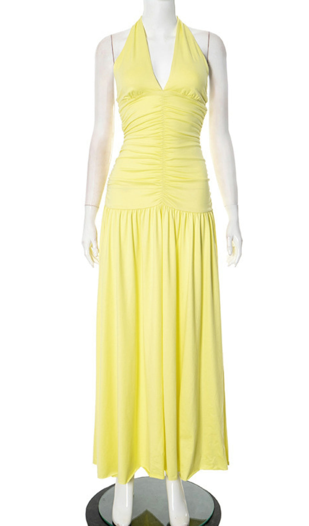 Halter Neck Ruched Maxi Dress in Yellow