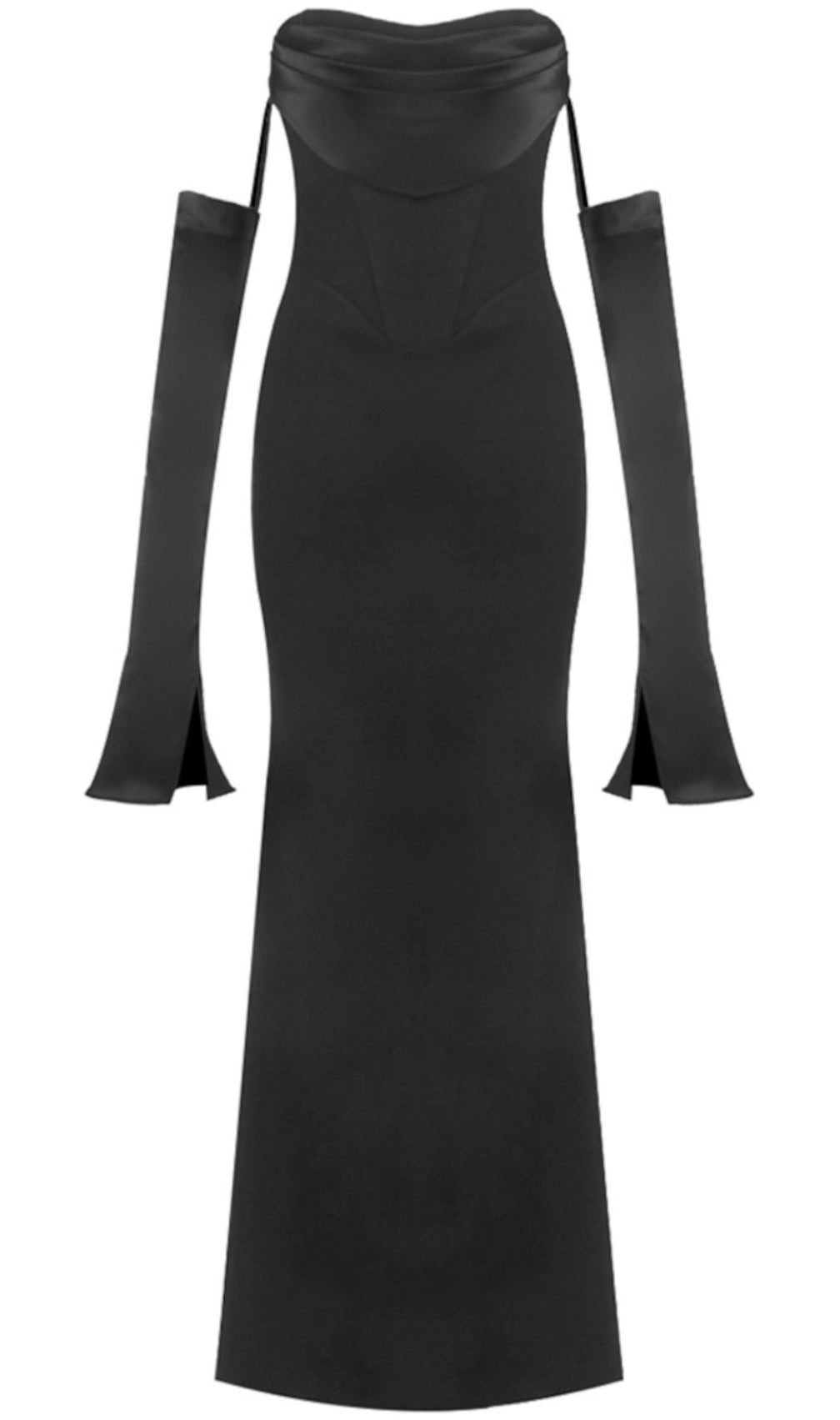 Chic Black Draped Maxi Dress with Strapless Neckline & Long Off-Shoulder Sleeves