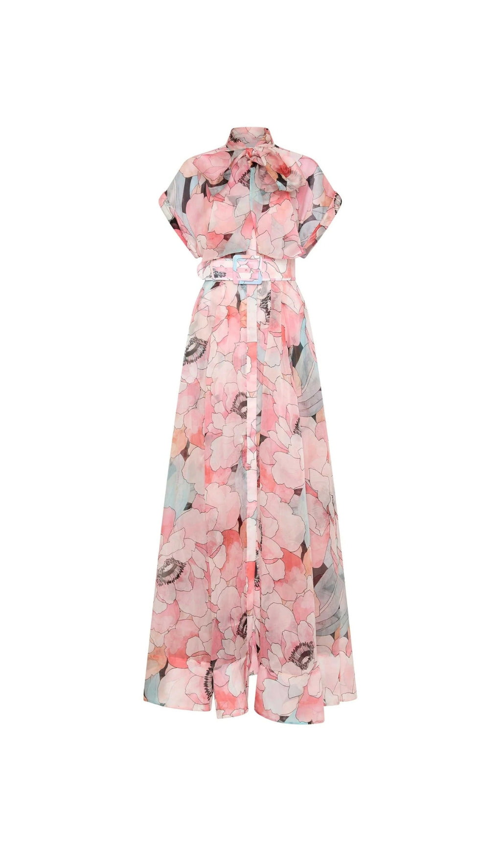floral print silk organza maxi dress in pink-multi