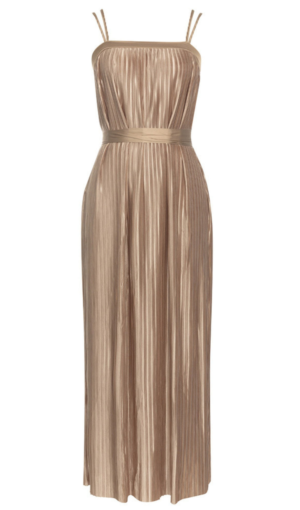 Strapless Pleated Belted Maxi Dress in Champagne