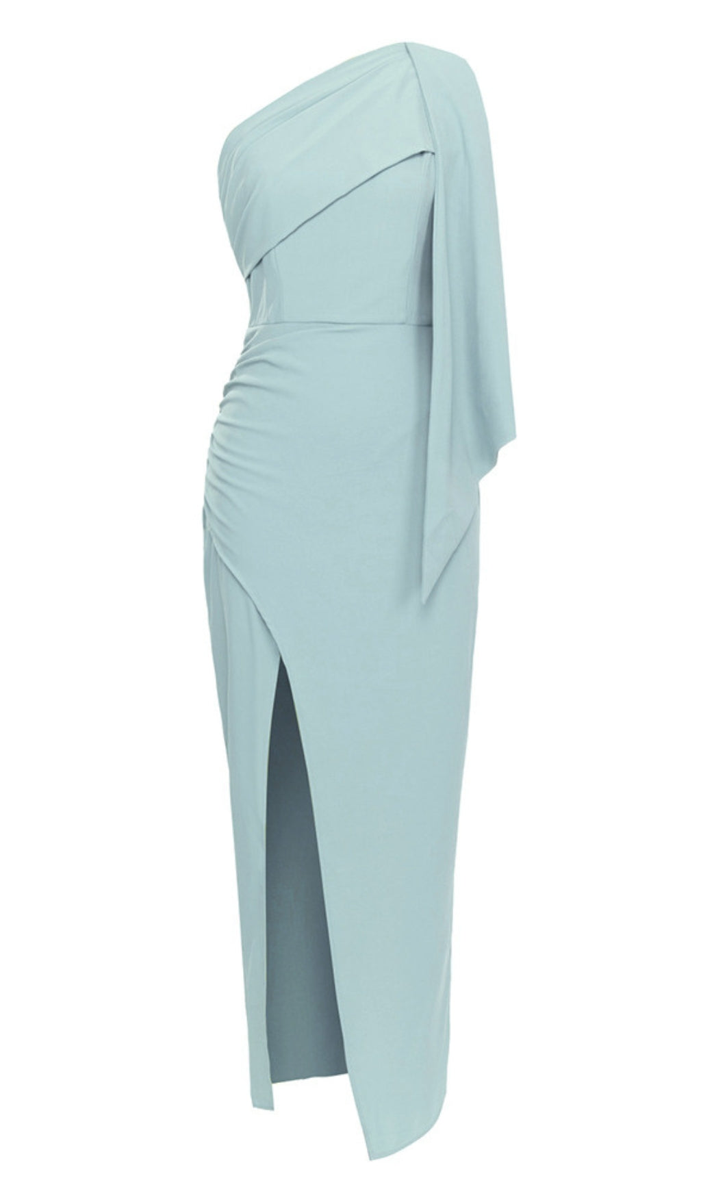 One - Shoulder Ruched Slit Midi Dress in Blue