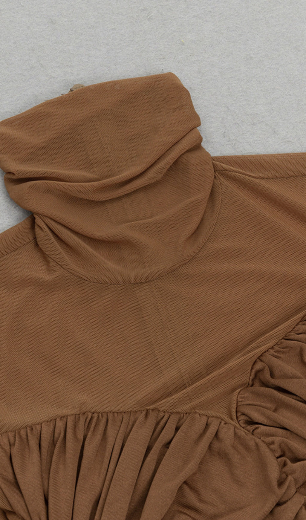 Mesh - Sleeve Ruched High - Neck Maxi Dress in Brown