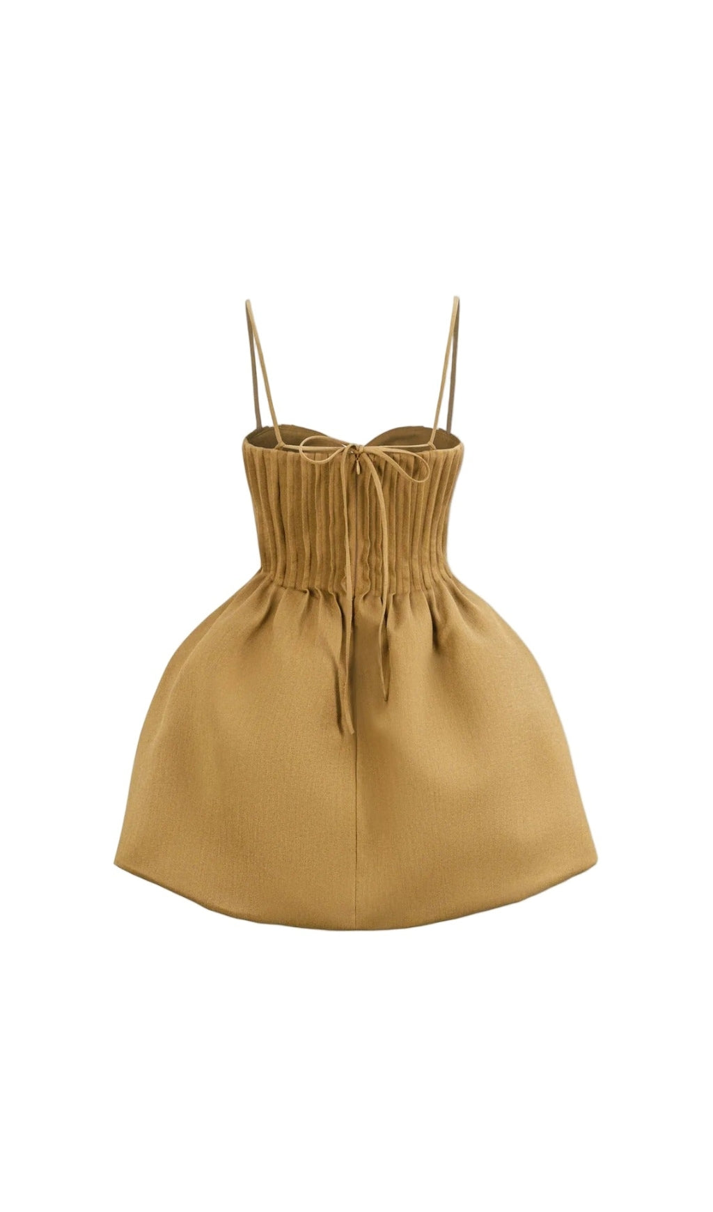 rita pleated slim puffy mini dress in camel