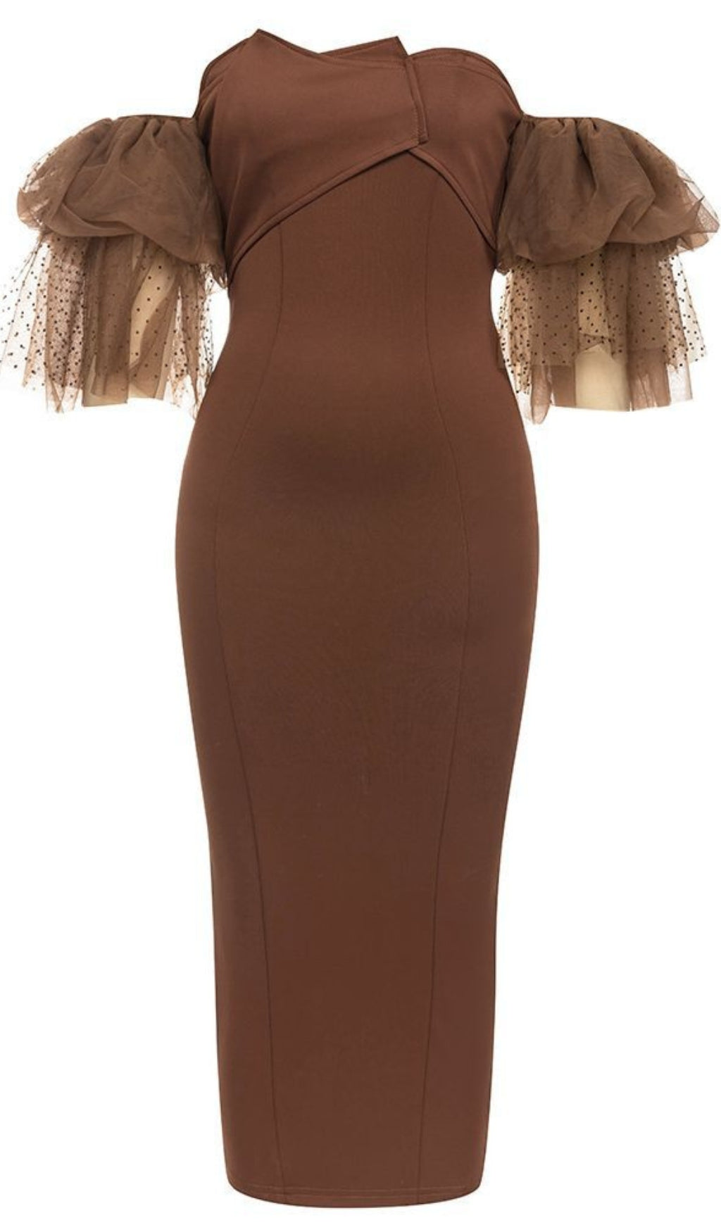 Off - Shoulder Tulle - Sleeve Midi Dress in Brown