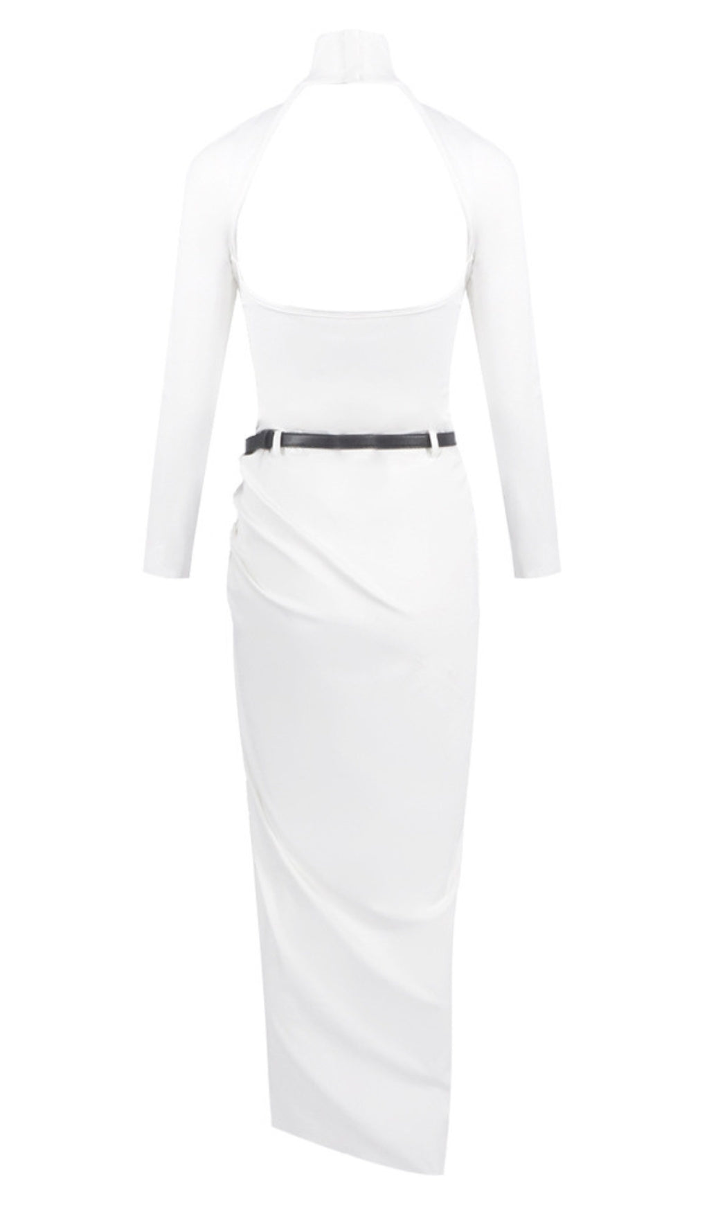 Turtleneck Belted Draped Slit Maxi Dress in White