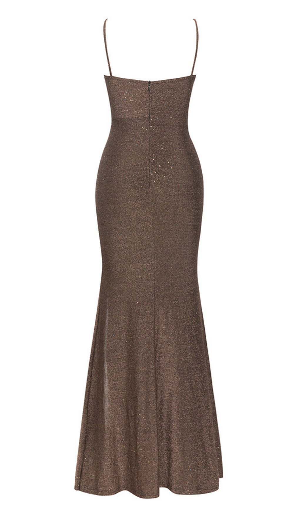 Glitter Ruched Slit Maxi Dress in Bronze