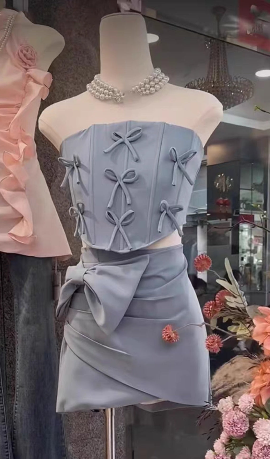 Bow Embellished Two-Piece Set In Blue