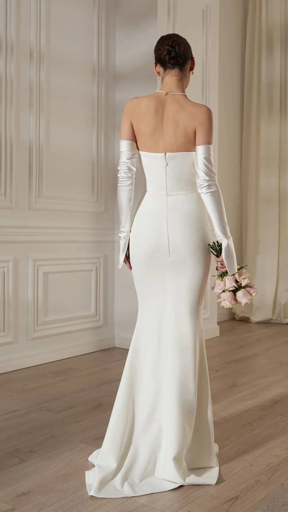 Elegant White Strapless Maxi Dress with Draped Long Sleeves | Chic Evening Gown