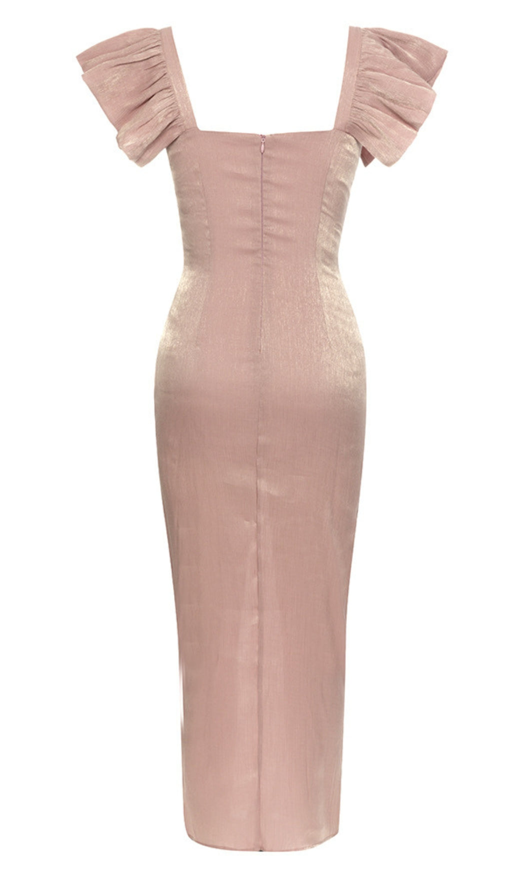 Ruffled Square - Neck Slit Midi Dress in Light Pink