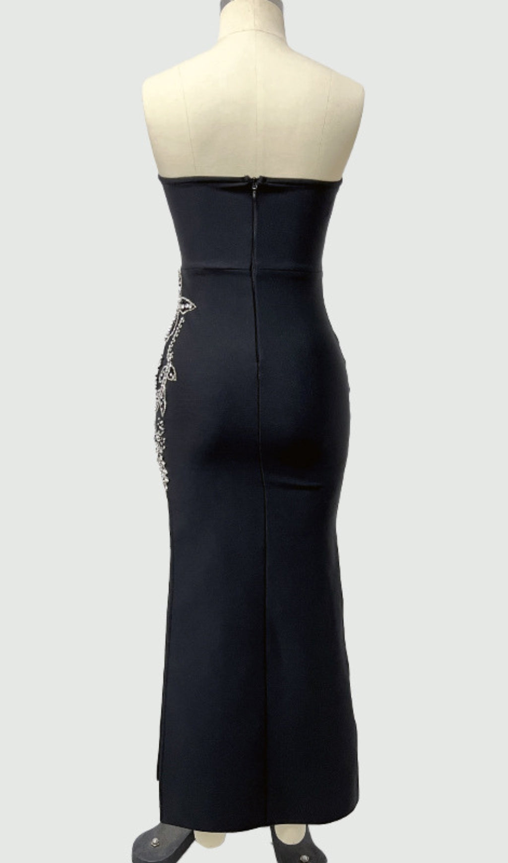 Off Shoulder Rhinestone Embellished Plunge Maxi Dress in Black