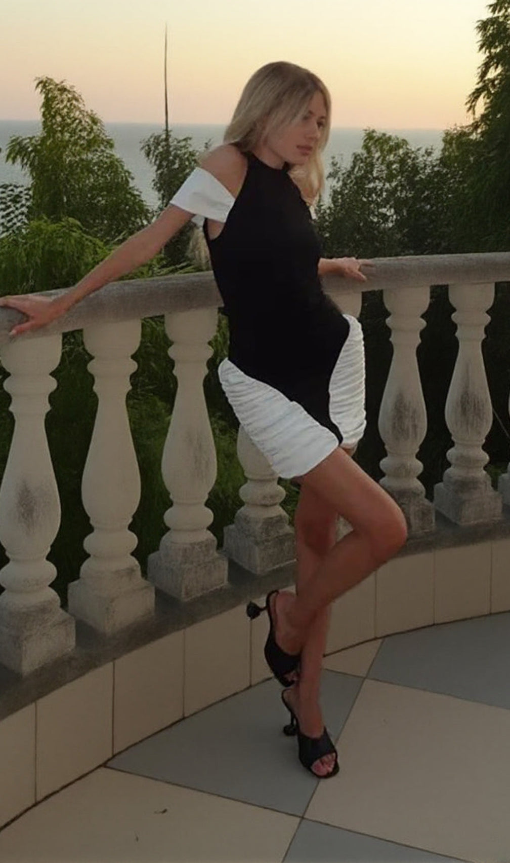 Chic Black & White Ruched Panel Halter Mini Dress - Modern & Versatile