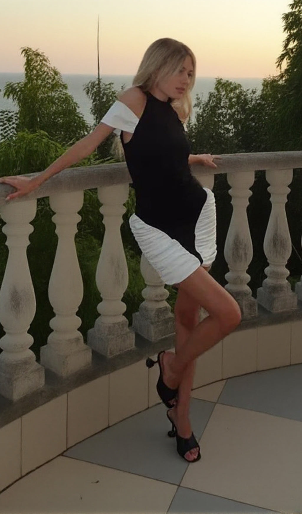 Chic Black & White Ruched Panel Halter Mini Dress - Modern & Versatile