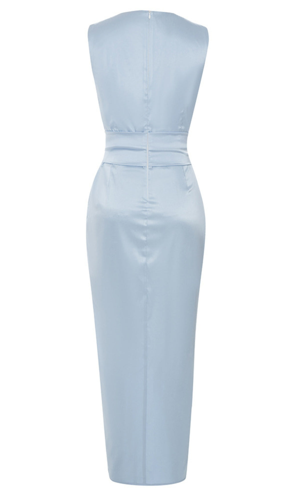 Satin Ruched Belted Midi Dress in Light Blue