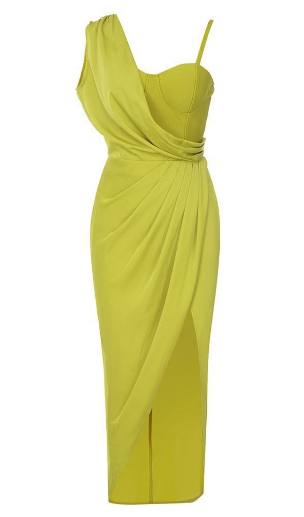 Asymmetric Draped One - Shoulder Midi Dress in Yellow