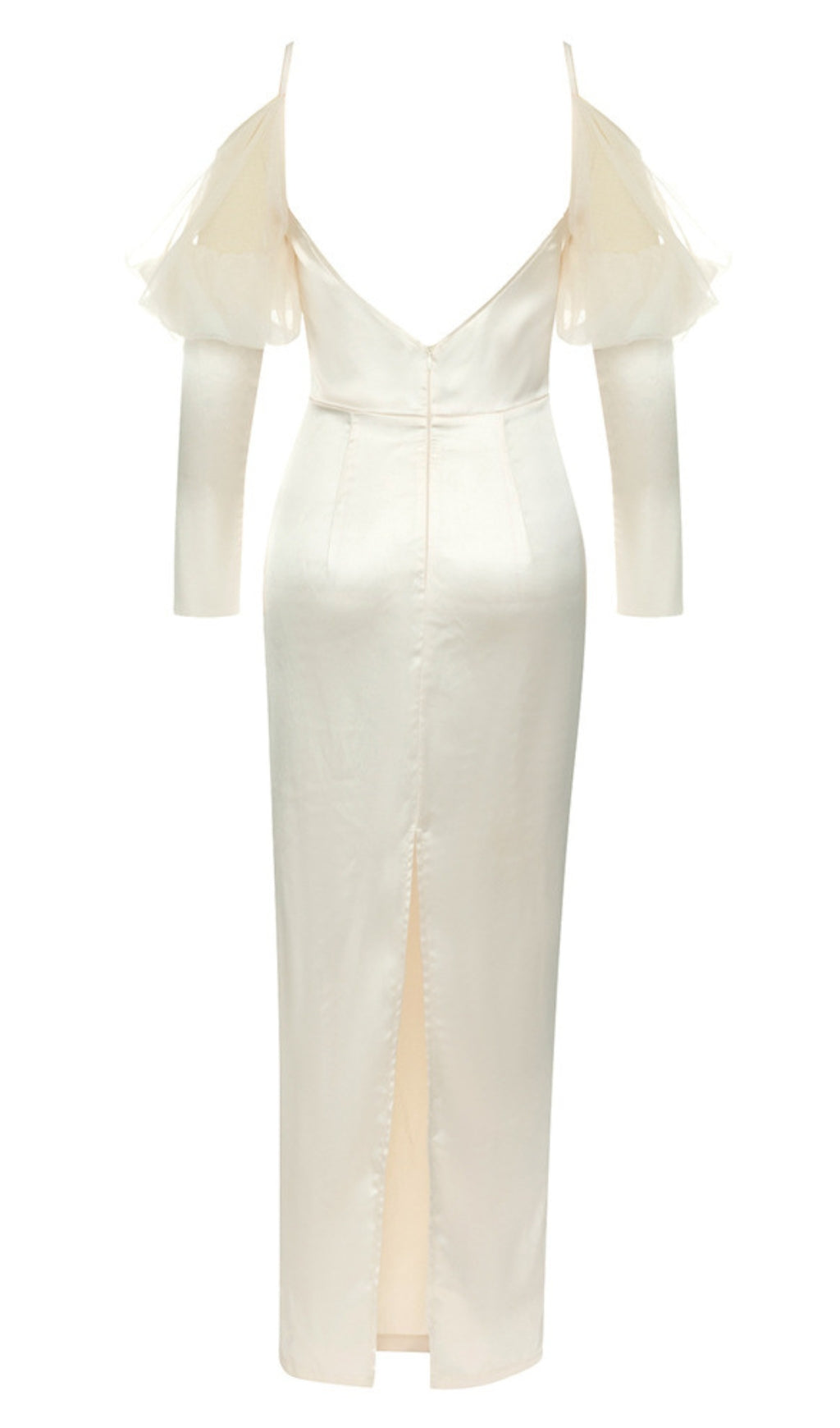 Satin Off - Shoulder Tulle - Sleeve Maxi Dress in Ivory