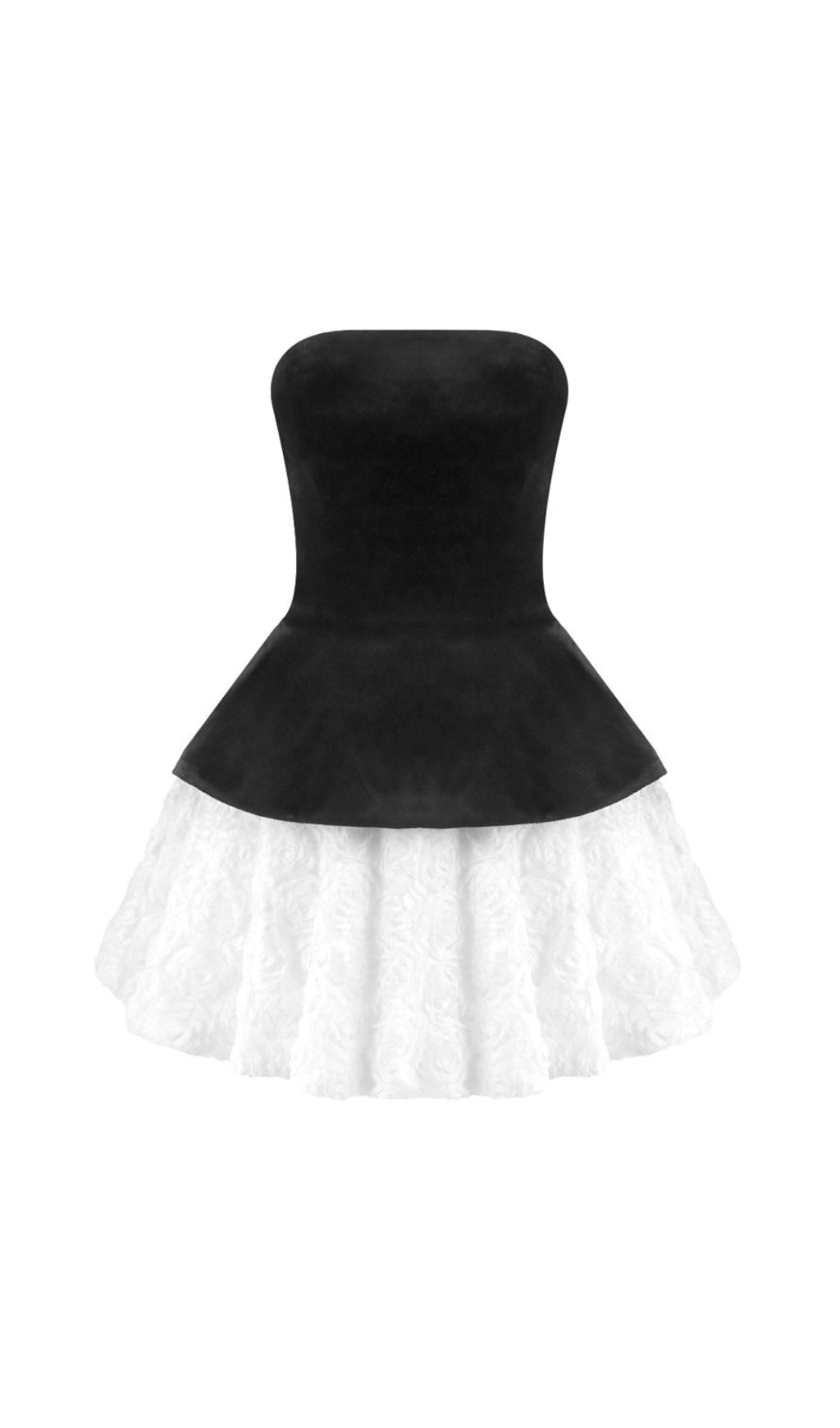 Velvet & 3D Floral Strapless Mini Dress Set - Black & White