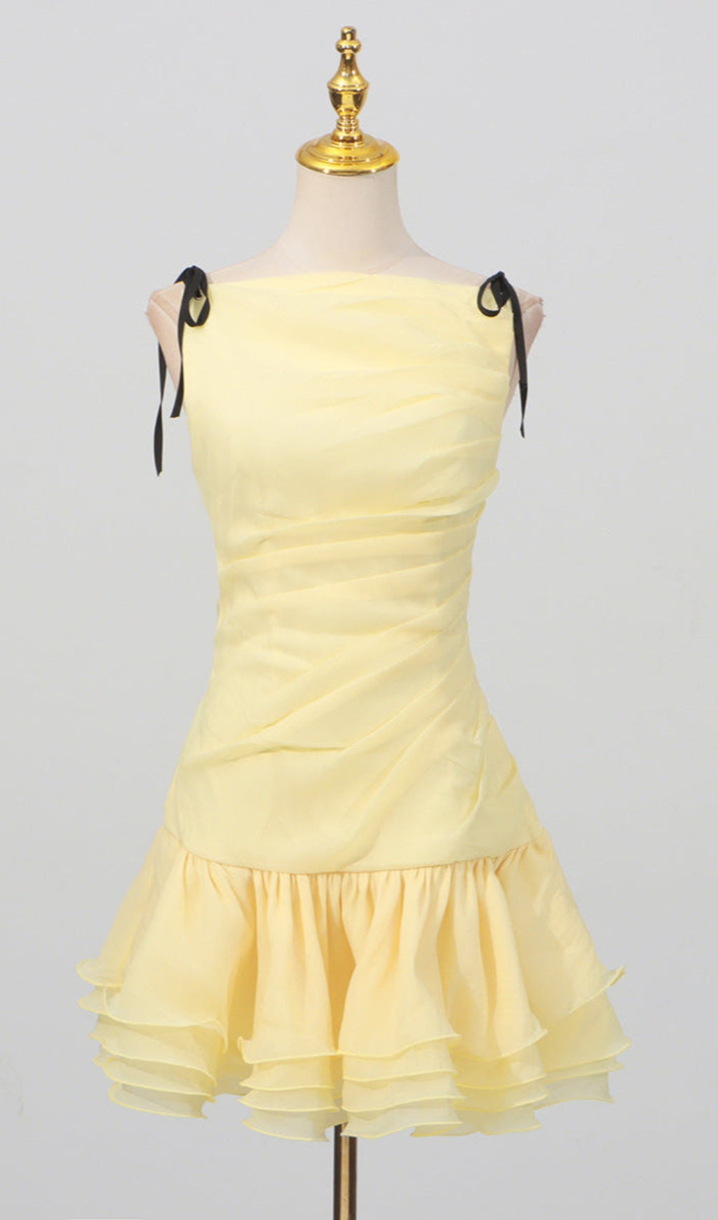 ruched ruffle hem sleeveless mini dress in yellow