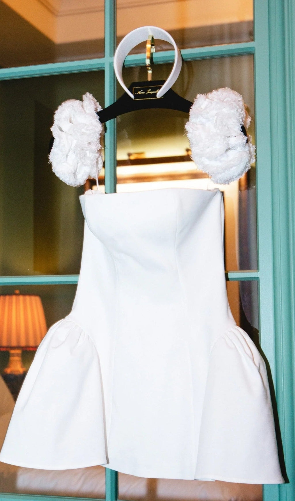 sherry Flower strapless puffy mini dress in white