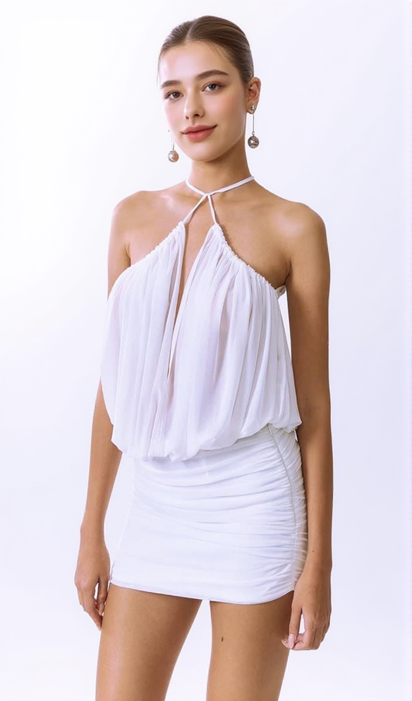 cheryl ruched halter bodycon mini dress in white